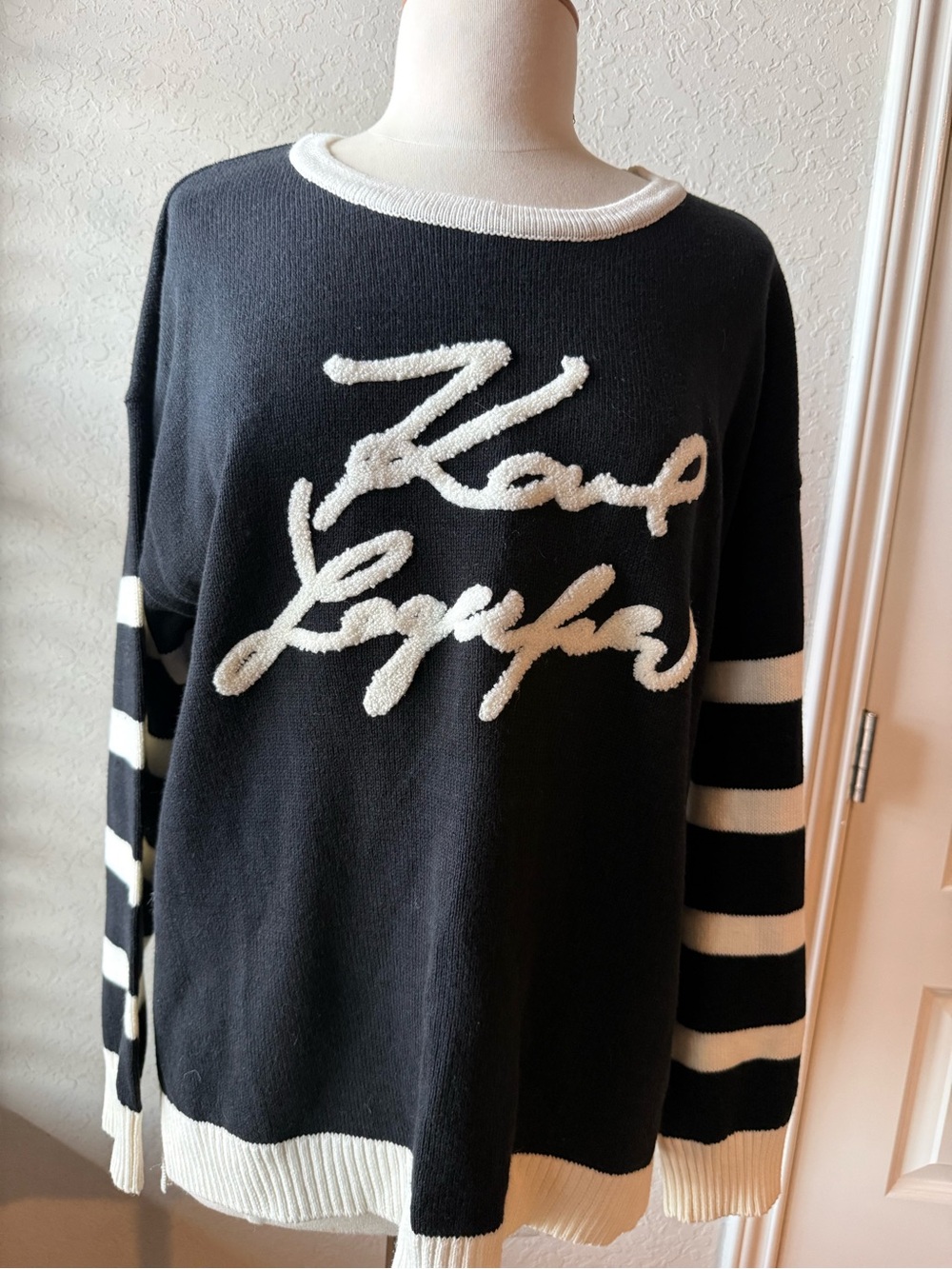 Karl Lagerfeld Black & White Script Logo Knit Sweater